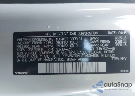 2016 Volvo Xc90 Hybrid T8 Momentum z USA, uszkodzony, nr VIN YV4BC0PK8G1090149